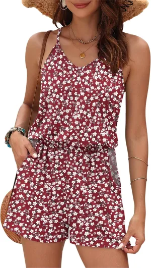 MISFAY Womens Summer Loose V Neck Spaghetti Strap Short Jumpsuit Rompers