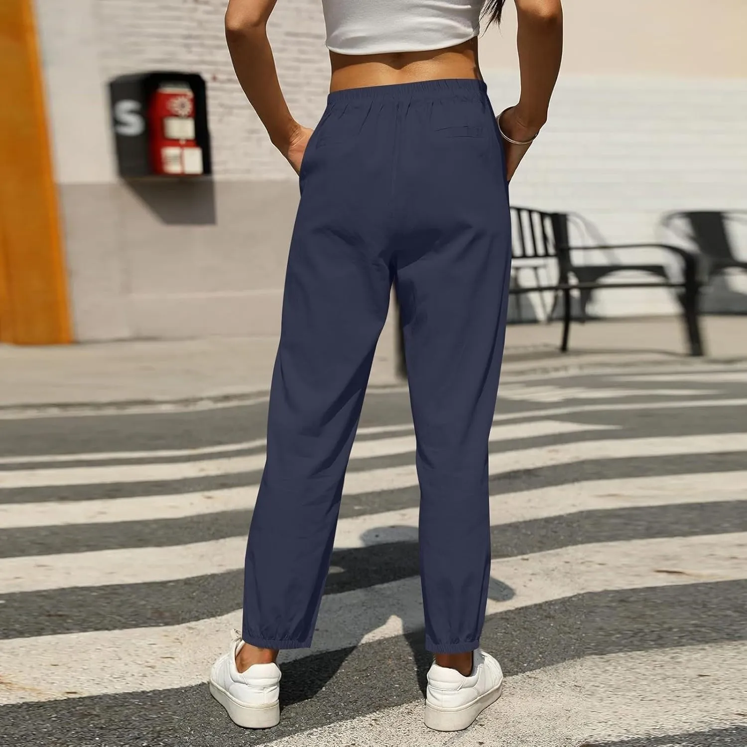 Miyaomn Womens Linen Pants for Summer Drawstring Elastic High Waist Casual Pants Loose Fit Beach Lounge Trousers with Pockets