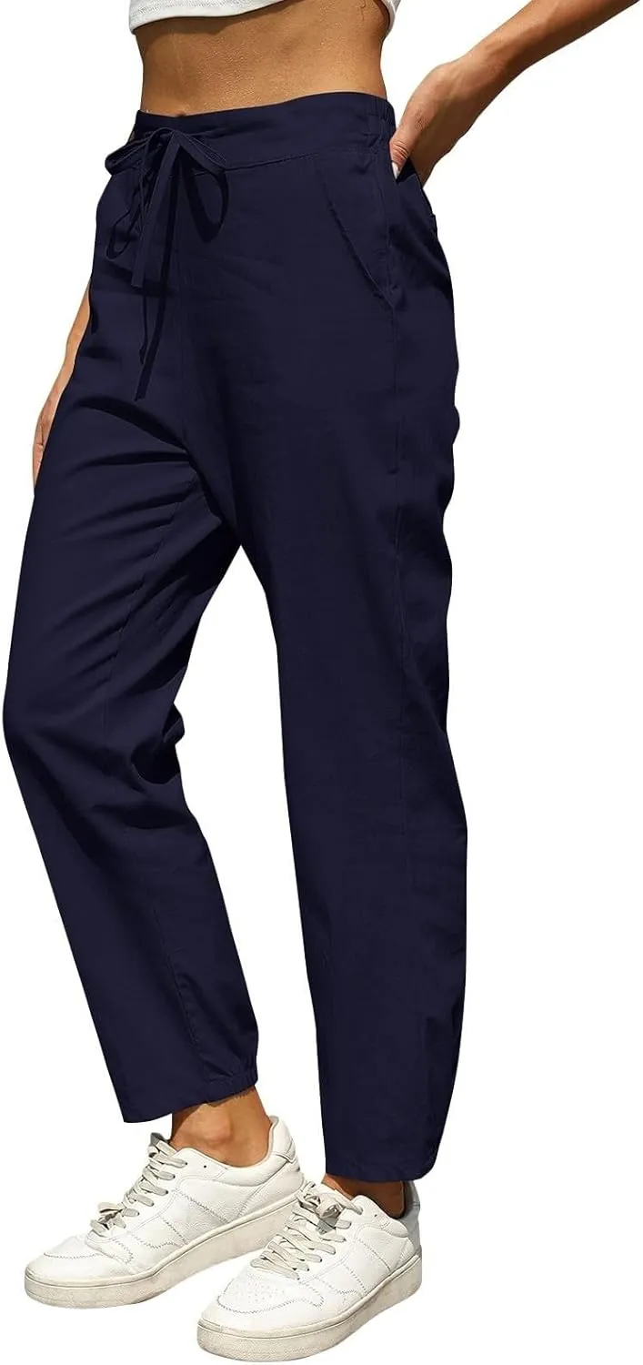 Miyaomn Womens Linen Pants for Summer Drawstring Elastic High Waist Casual Pants Loose Fit Beach Lounge Trousers with Pockets