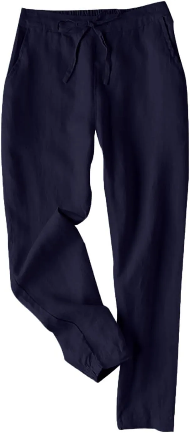 Miyaomn Womens Linen Pants for Summer Drawstring Elastic High Waist Casual Pants Loose Fit Beach Lounge Trousers with Pockets