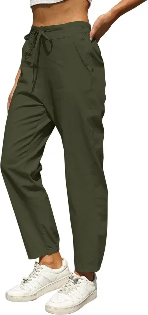 Miyaomn Womens Linen Pants for Summer Drawstring Elastic High Waist Casual Pants Loose Fit Beach Lounge Trousers with Pockets