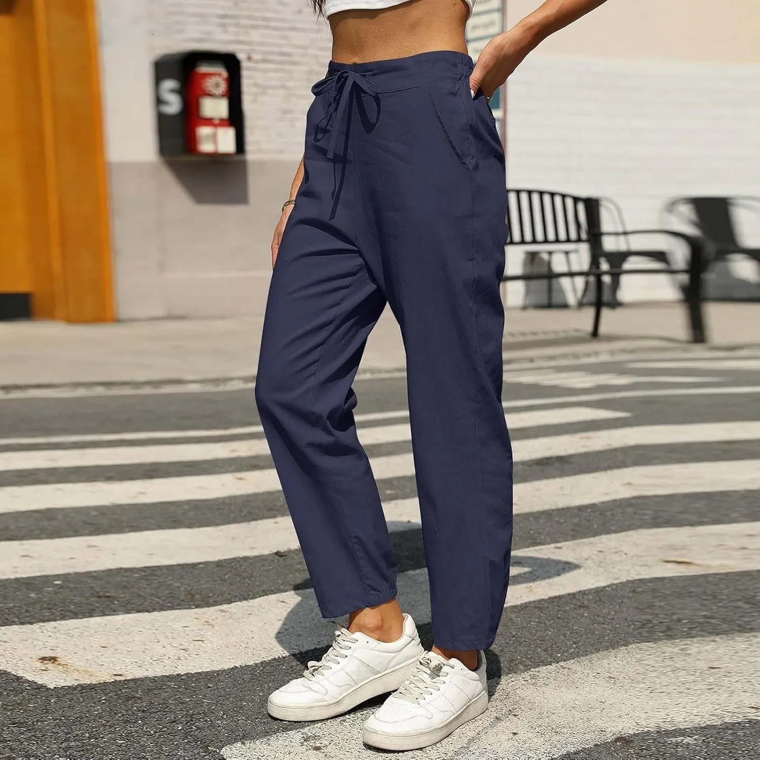 Miyaomn Womens Linen Pants for Summer Drawstring Elastic High Waist Casual Pants Loose Fit Beach Lounge Trousers with Pockets