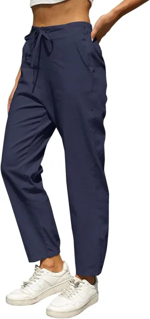 Miyaomn Womens Linen Pants for Summer Drawstring Elastic High Waist Casual Pants Loose Fit Beach Lounge Trousers with Pockets
