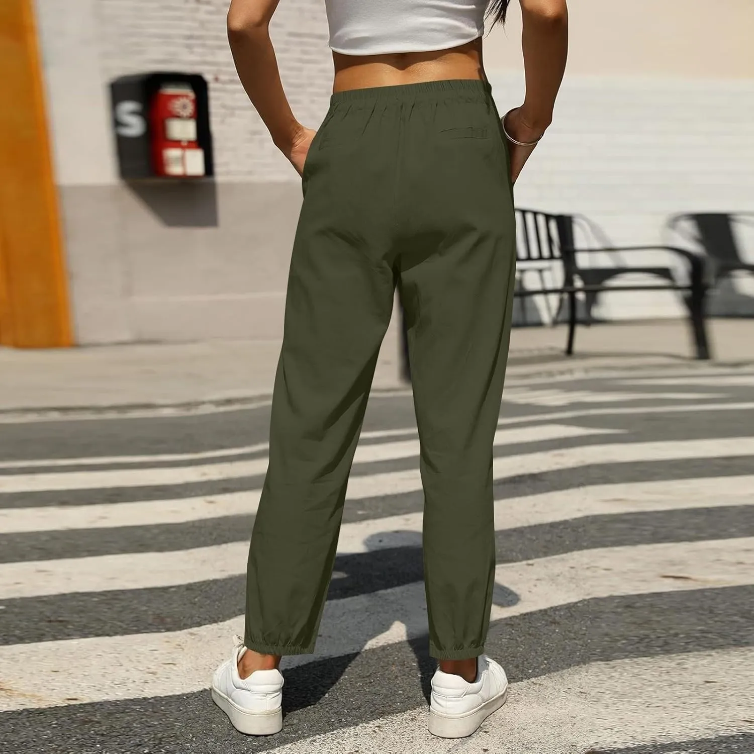 Miyaomn Womens Linen Pants for Summer Drawstring Elastic High Waist Casual Pants Loose Fit Beach Lounge Trousers with Pockets