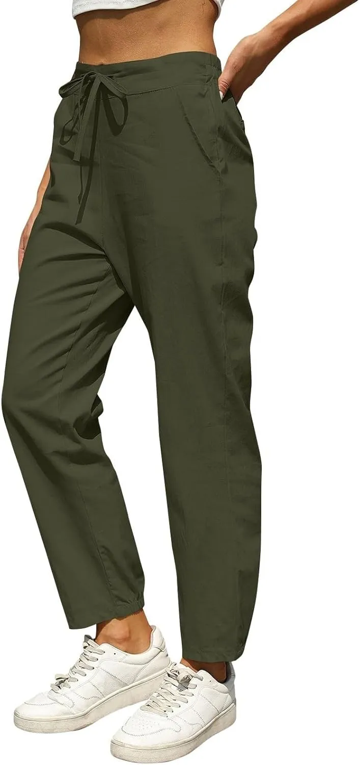 Miyaomn Womens Linen Pants for Summer Drawstring Elastic High Waist Casual Pants Loose Fit Beach Lounge Trousers with Pockets