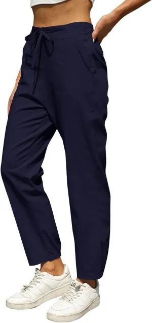 Miyaomn Womens Linen Pants for Summer Drawstring Elastic High Waist Casual Pants Loose Fit Beach Lounge Trousers with Pockets