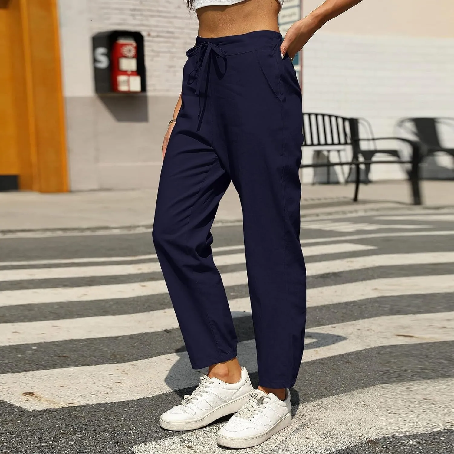 Miyaomn Womens Linen Pants for Summer Drawstring Elastic High Waist Casual Pants Loose Fit Beach Lounge Trousers with Pockets