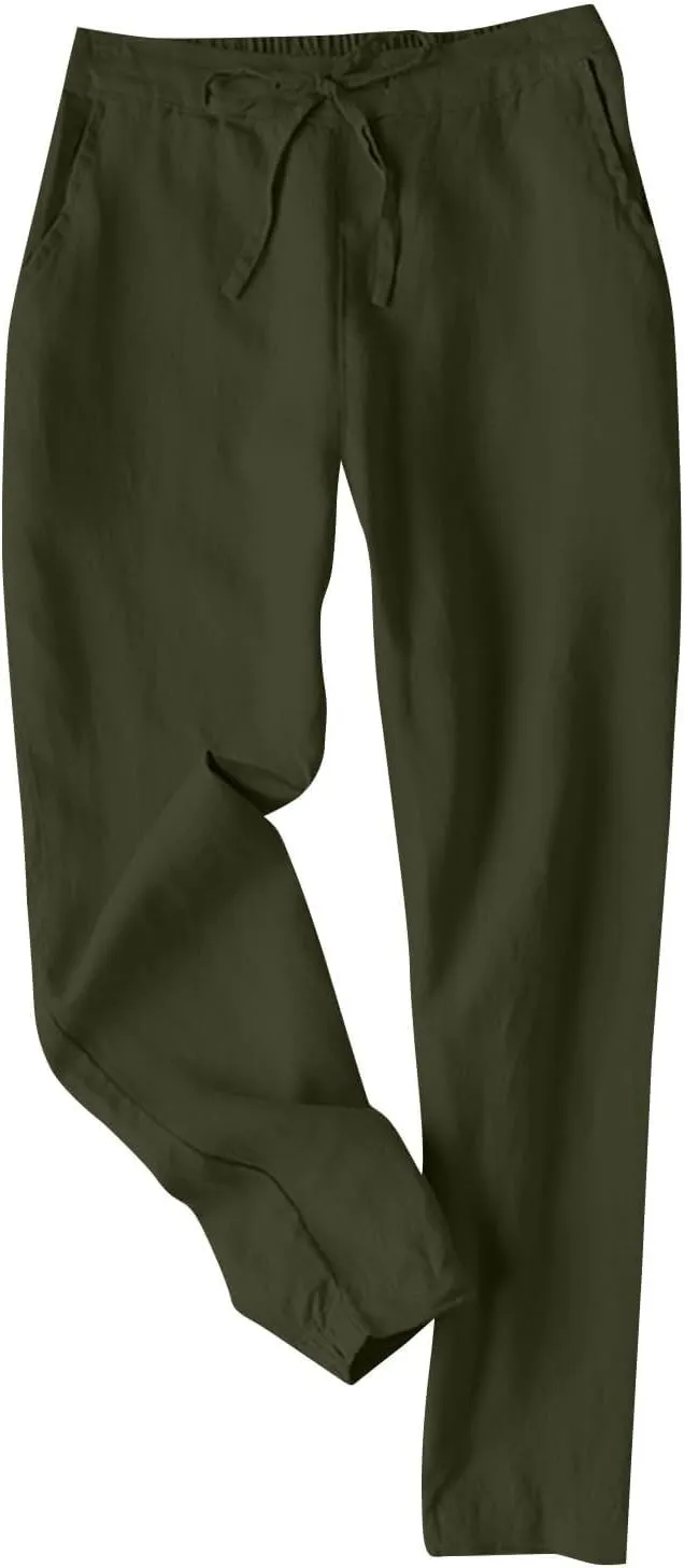 Miyaomn Womens Linen Pants for Summer Drawstring Elastic High Waist Casual Pants Loose Fit Beach Lounge Trousers with Pockets