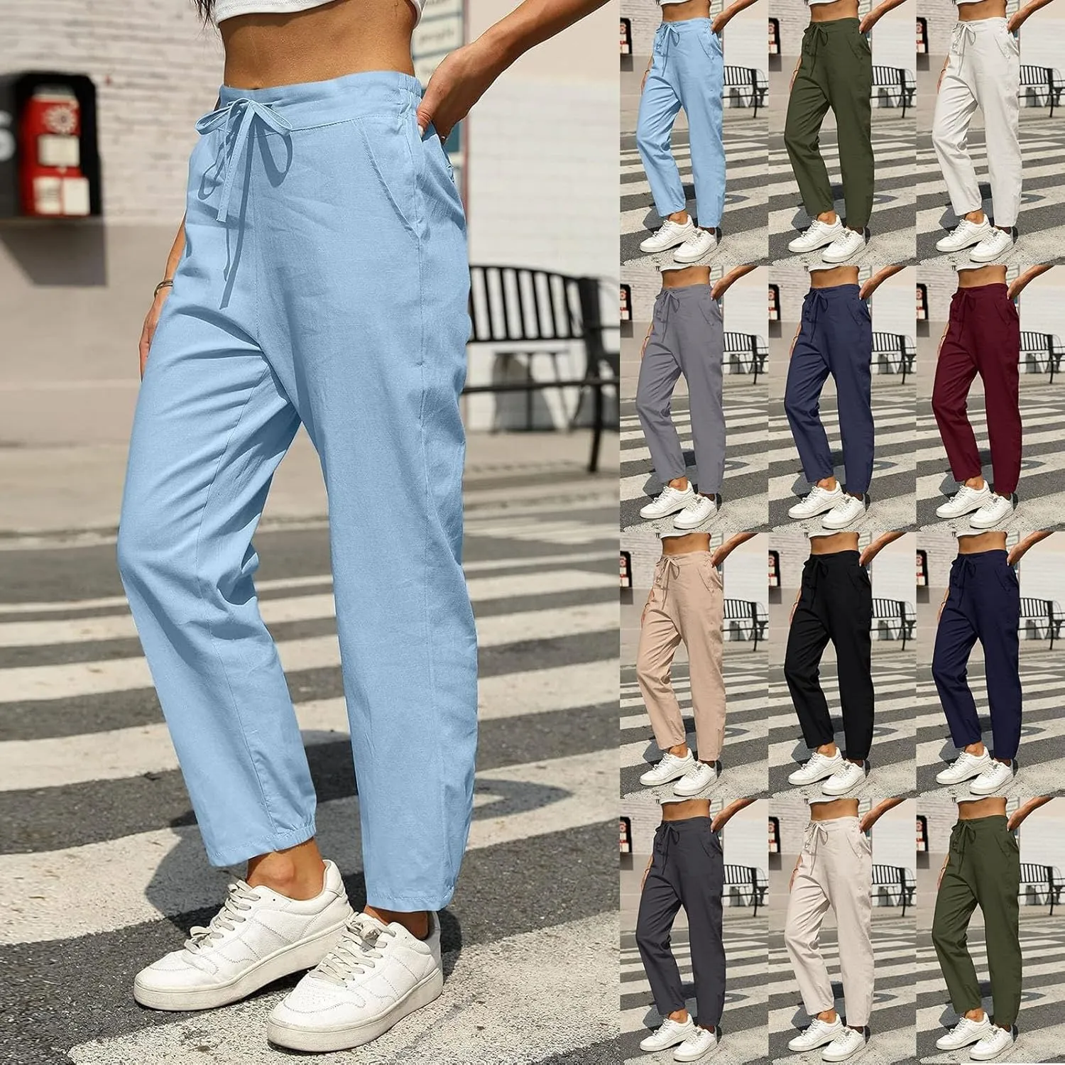 Miyaomn Womens Linen Pants for Summer Drawstring Elastic High Waist Casual Pants Loose Fit Beach Lounge Trousers with Pockets