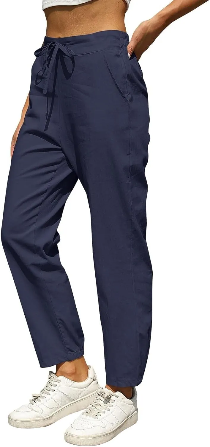 Miyaomn Womens Linen Pants for Summer Drawstring Elastic High Waist Casual Pants Loose Fit Beach Lounge Trousers with Pockets