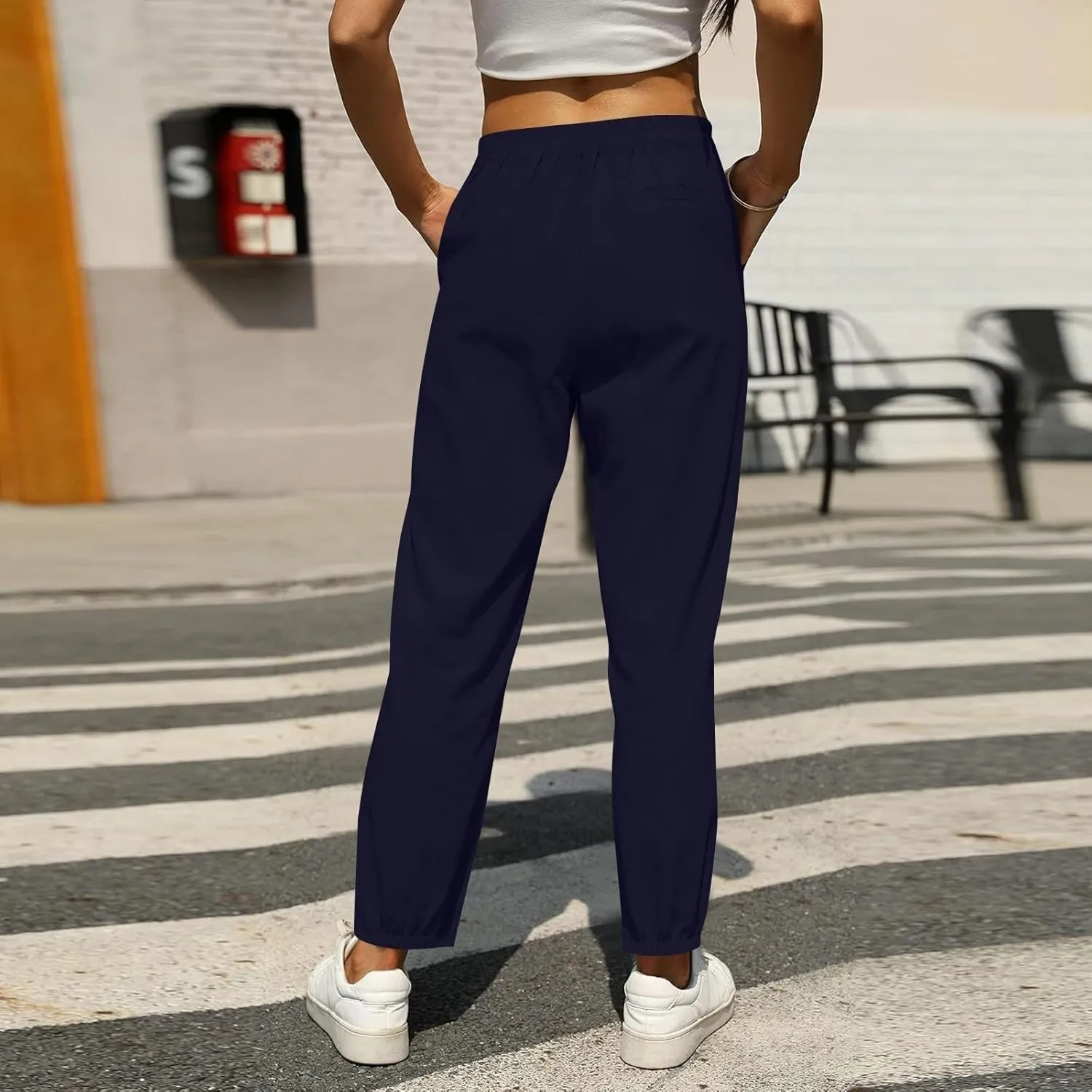 Miyaomn Womens Linen Pants for Summer Drawstring Elastic High Waist Casual Pants Loose Fit Beach Lounge Trousers with Pockets