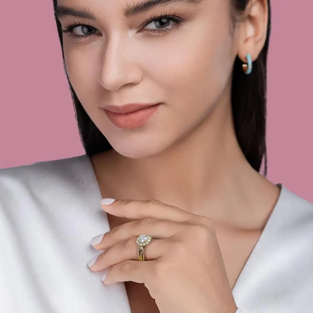 Moissanite Halo Engagement Ring | Lab Grown 2.6 Carat Diamond & 18k Gold Plated Ring | Moissanite Rings for Women | S925 Sterling Silver Rings | Moissanite Ring | Wedding Ring