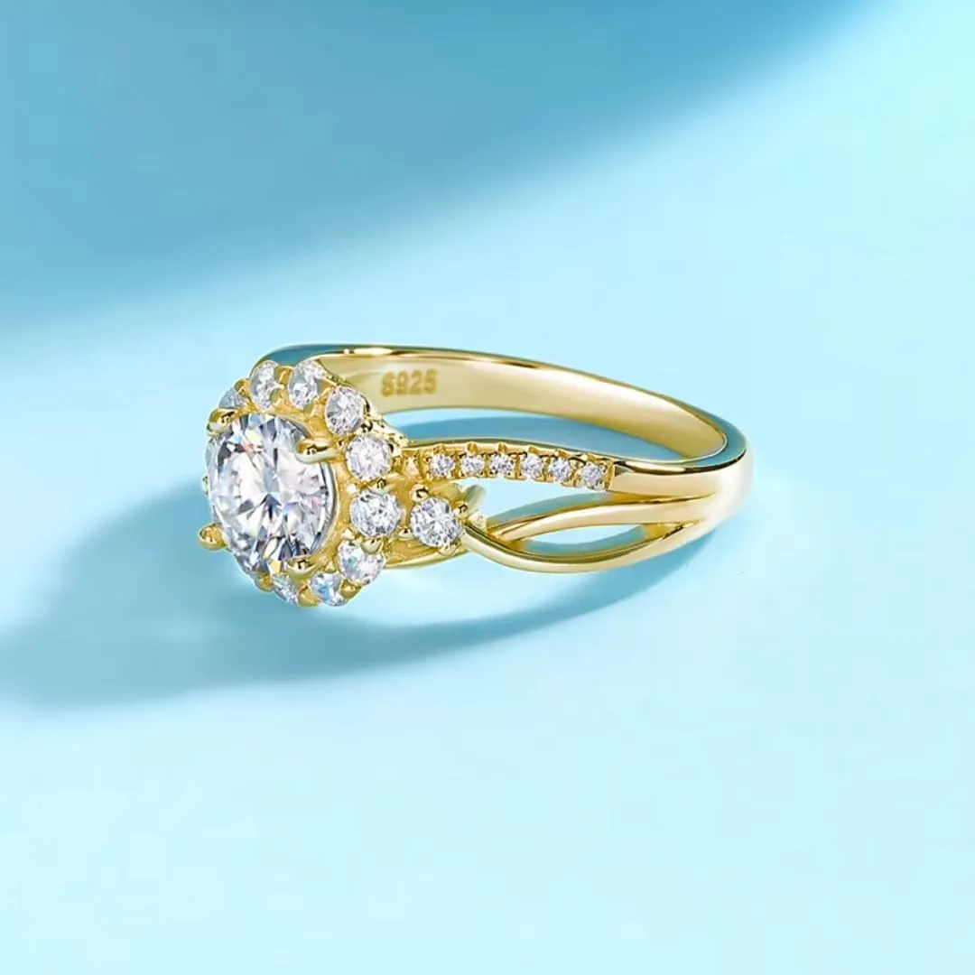 Moissanite Halo Engagement Ring | Lab Grown 2.6 Carat Diamond & 18k Gold Plated Ring | Moissanite Rings for Women | S925 Sterling Silver Rings | Moissanite Ring | Wedding Ring