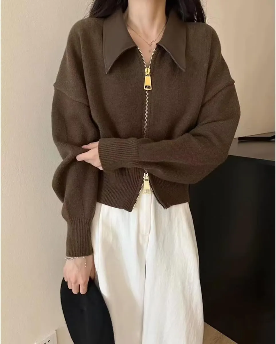 MOLERFO Cropped Cardigan Women Leather Collared Zip up Jacket Knit Sweater Aesthetic Cute Sweaters Fall 2024 Trendy