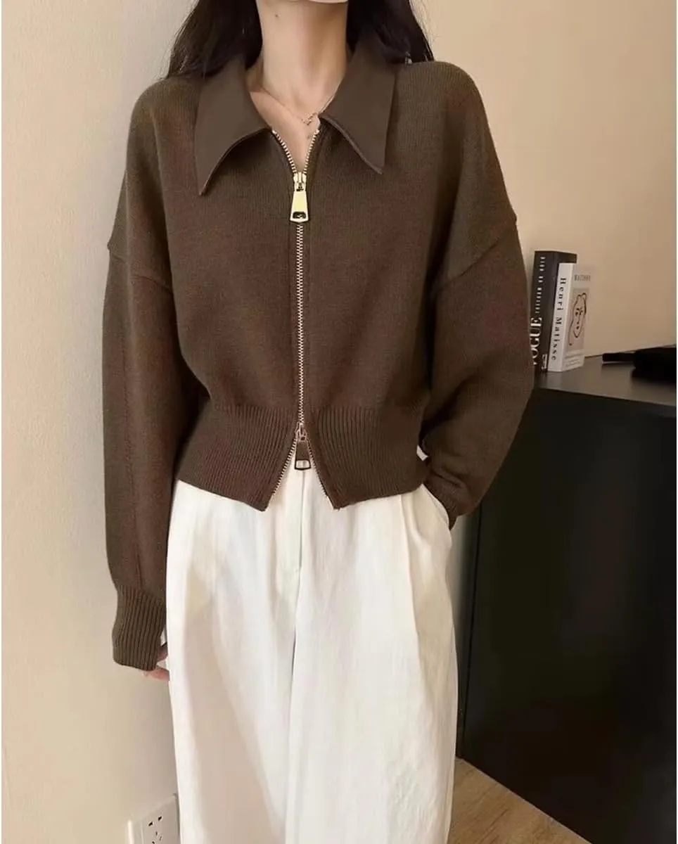 MOLERFO Cropped Cardigan Women Leather Collared Zip up Jacket Knit Sweater Aesthetic Cute Sweaters Fall 2024 Trendy