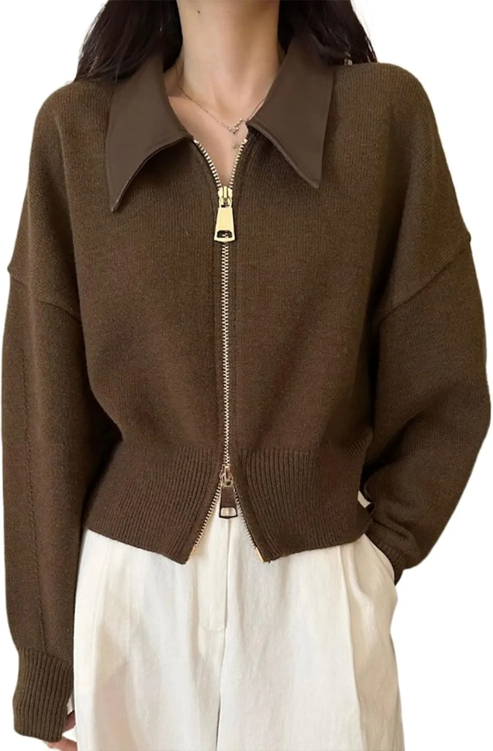 MOLERFO Cropped Cardigan Women Leather Collared Zip up Jacket Knit Sweater Aesthetic Cute Sweaters Fall 2024 Trendy