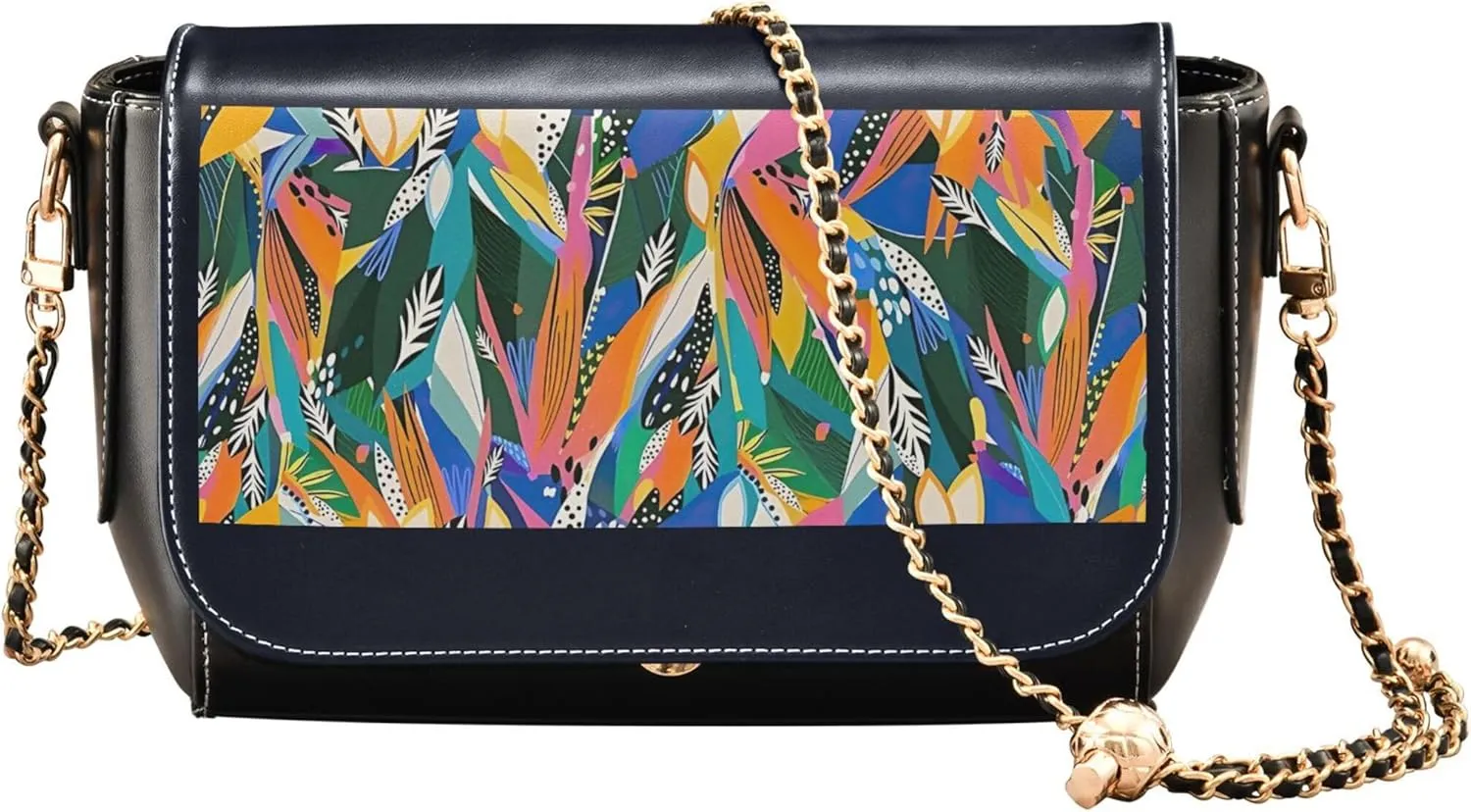 Multicolored Exotic Floral Jungle Leather Shoulder Bags Black Women Crossbody Purse Trendy Satchel with Chain Strap