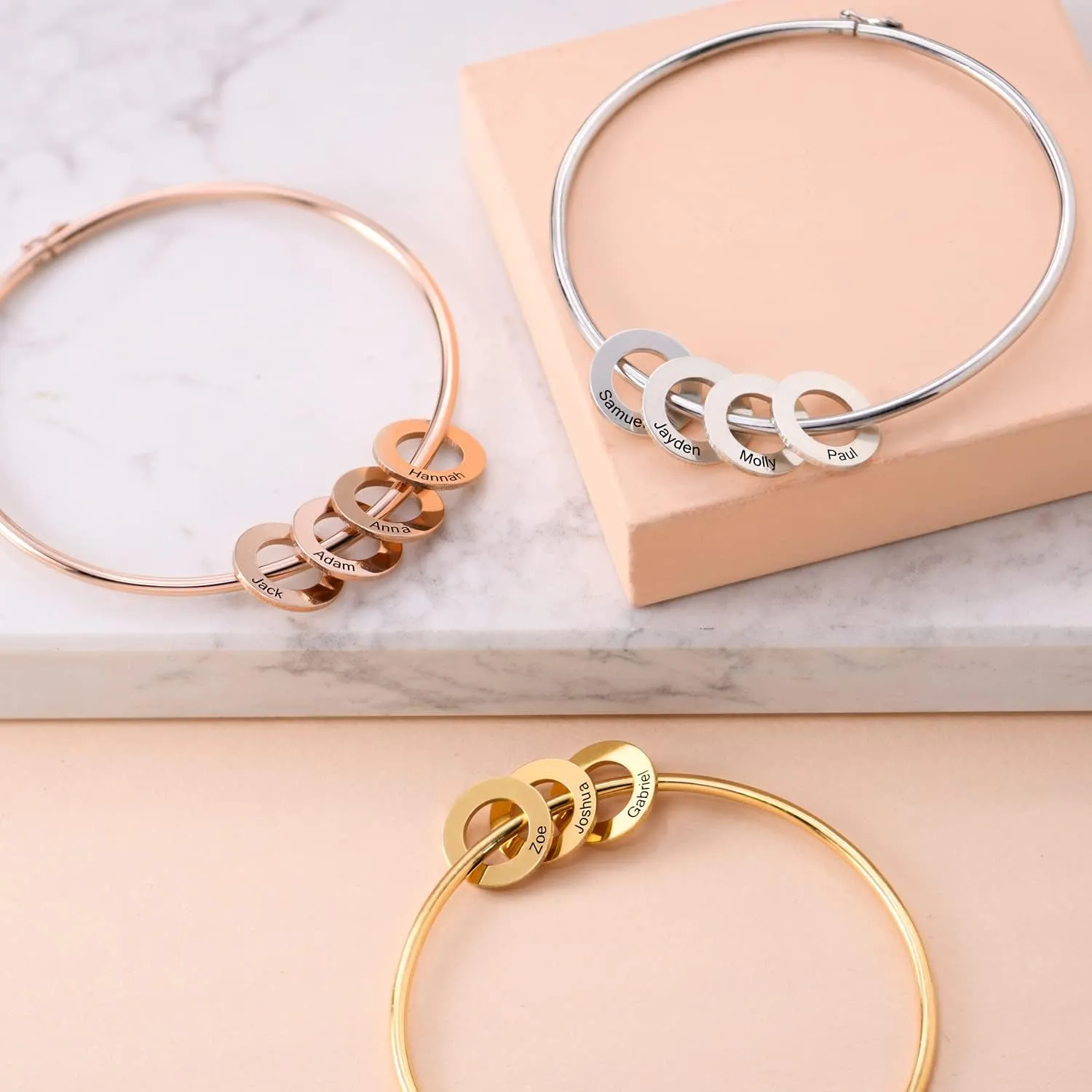 MyNameNecklace Personalized Chelsea Bangle Bracelet with Round Pendants - Up to 12 Engravable Charms - by MYKA