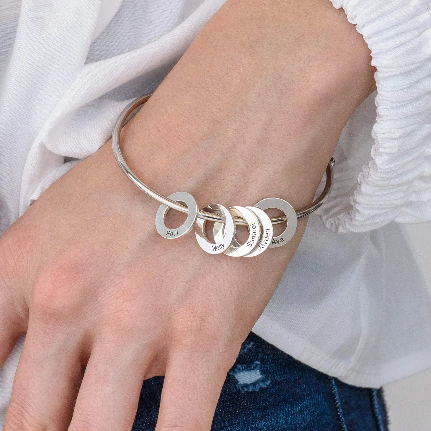 MyNameNecklace Personalized Chelsea Bangle Bracelet with Round Pendants - Up to 12 Engravable Charms - by MYKA