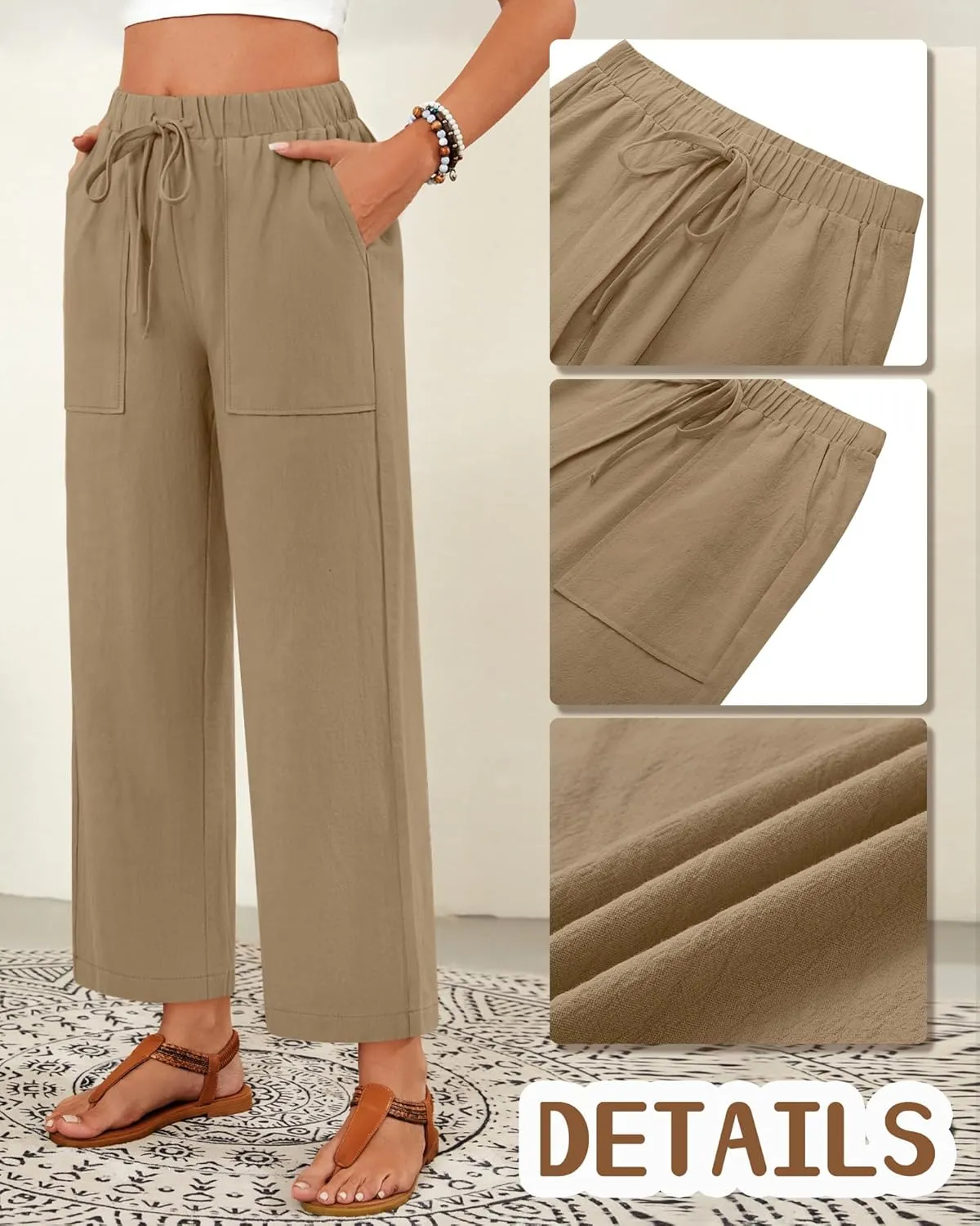 Neer 2 Pack Womens Linen Pants with Pocket, Casual Summer Drawstring Beach Pants High Waisted Wide Leg Loose Palazzo Trouser