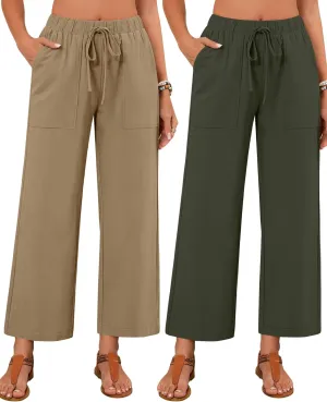 Neer 2 Pack Womens Linen Pants with Pocket, Casual Summer Drawstring Beach Pants High Waisted Wide Leg Loose Palazzo Trouser