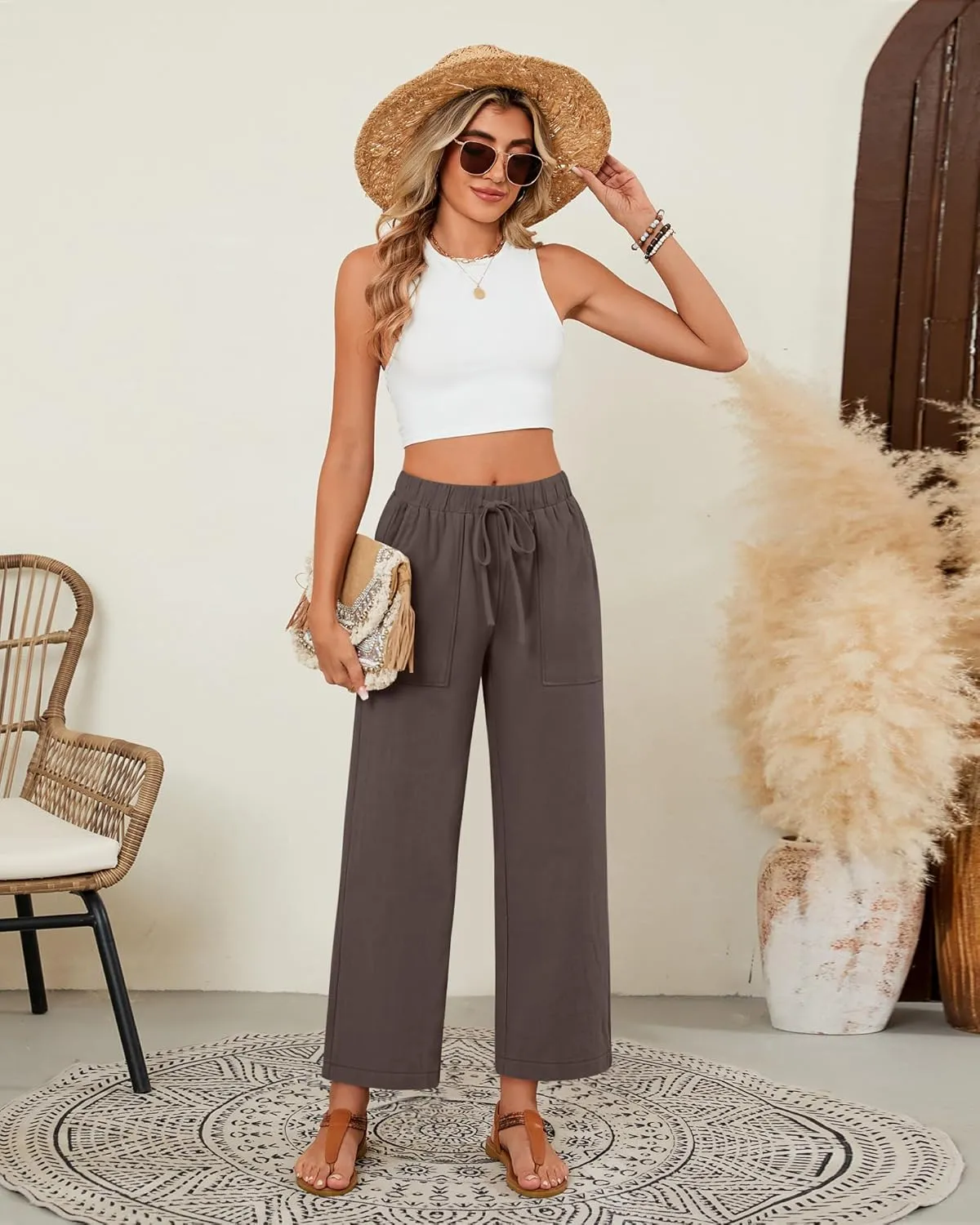 Neer 2 Pack Womens Linen Pants with Pocket, Casual Summer Drawstring Beach Pants High Waisted Wide Leg Loose Palazzo Trouser