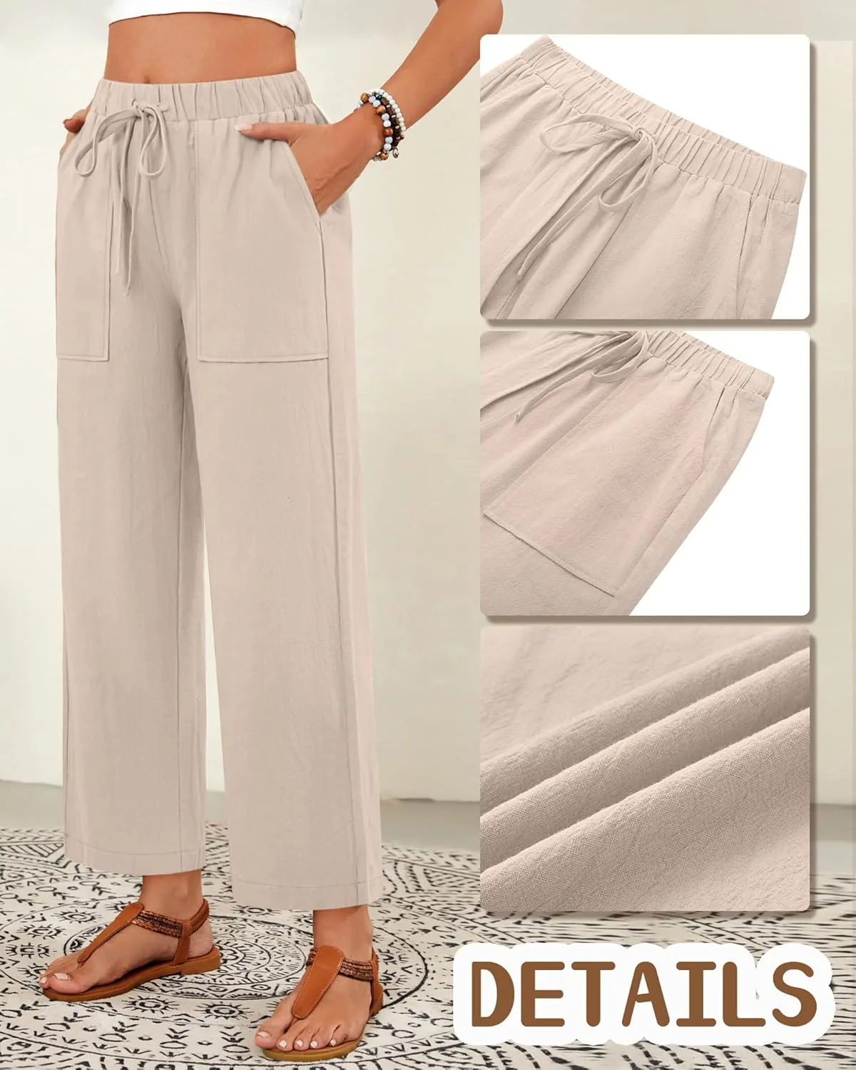 Neer 2 Pack Womens Linen Pants with Pocket, Casual Summer Drawstring Beach Pants High Waisted Wide Leg Loose Palazzo Trouser