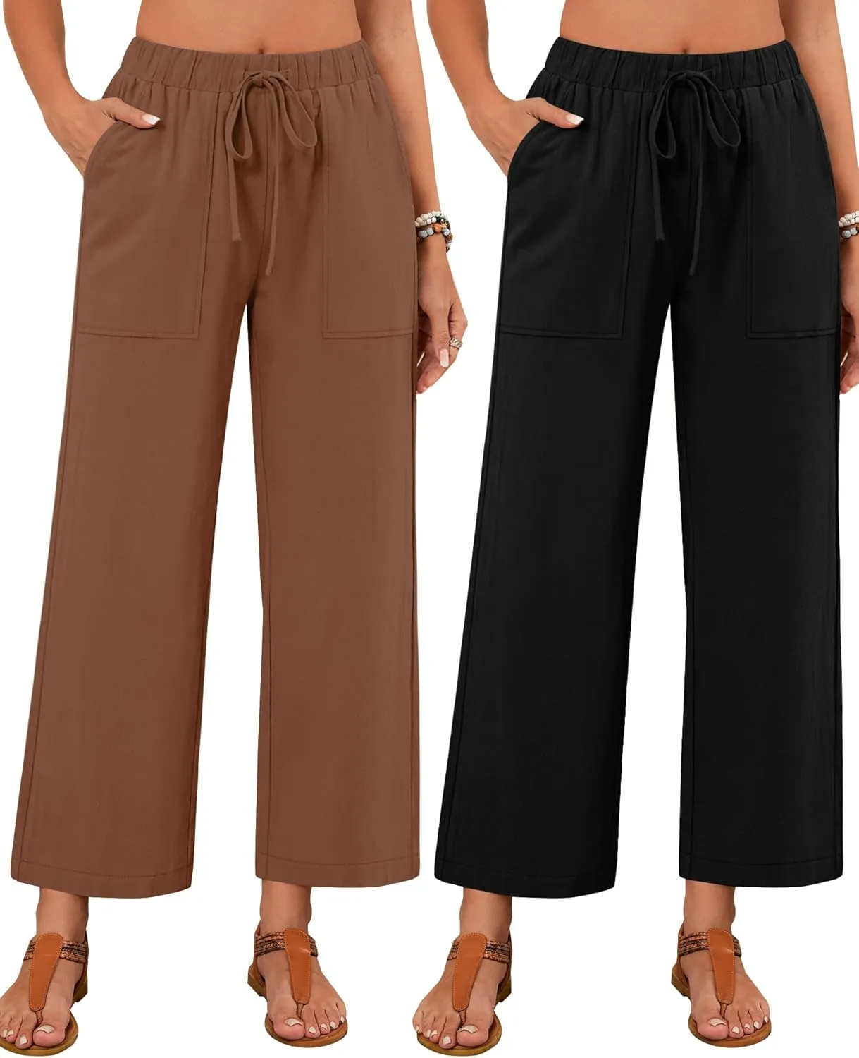 Neer 2 Pack Womens Linen Pants with Pocket, Casual Summer Drawstring Beach Pants High Waisted Wide Leg Loose Palazzo Trouser
