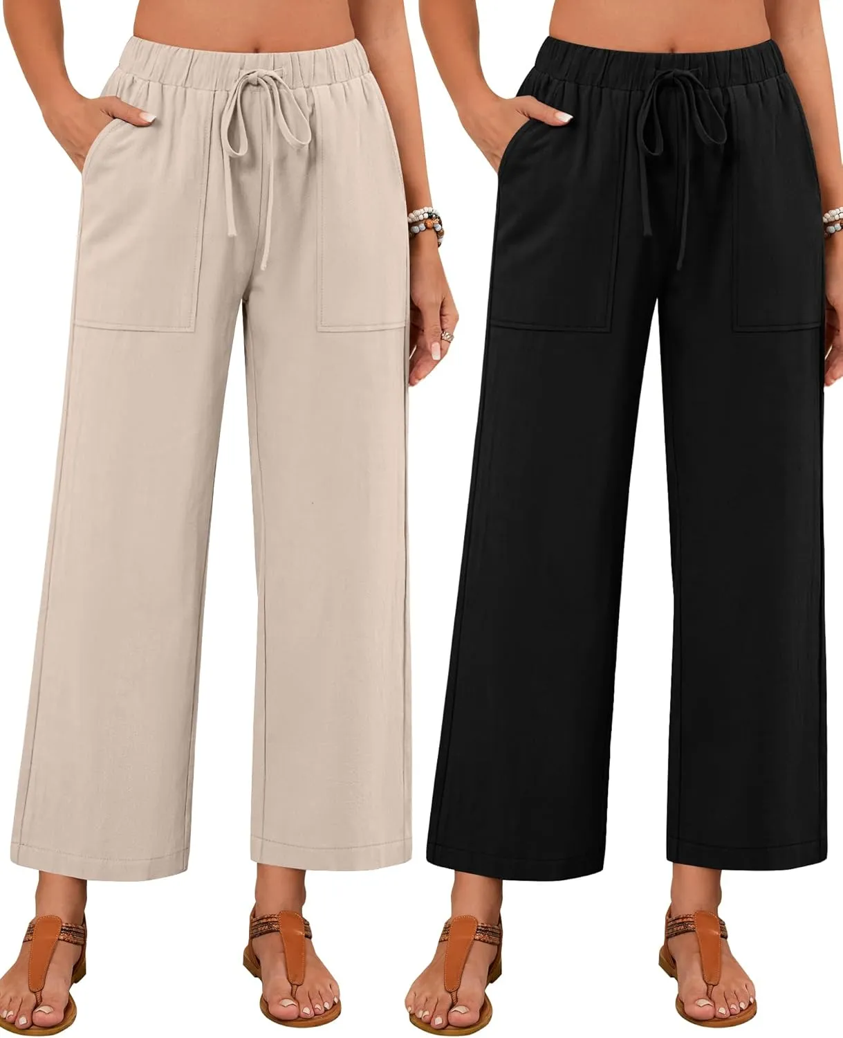 Neer 2 Pack Womens Linen Pants with Pocket, Casual Summer Drawstring Beach Pants High Waisted Wide Leg Loose Palazzo Trouser