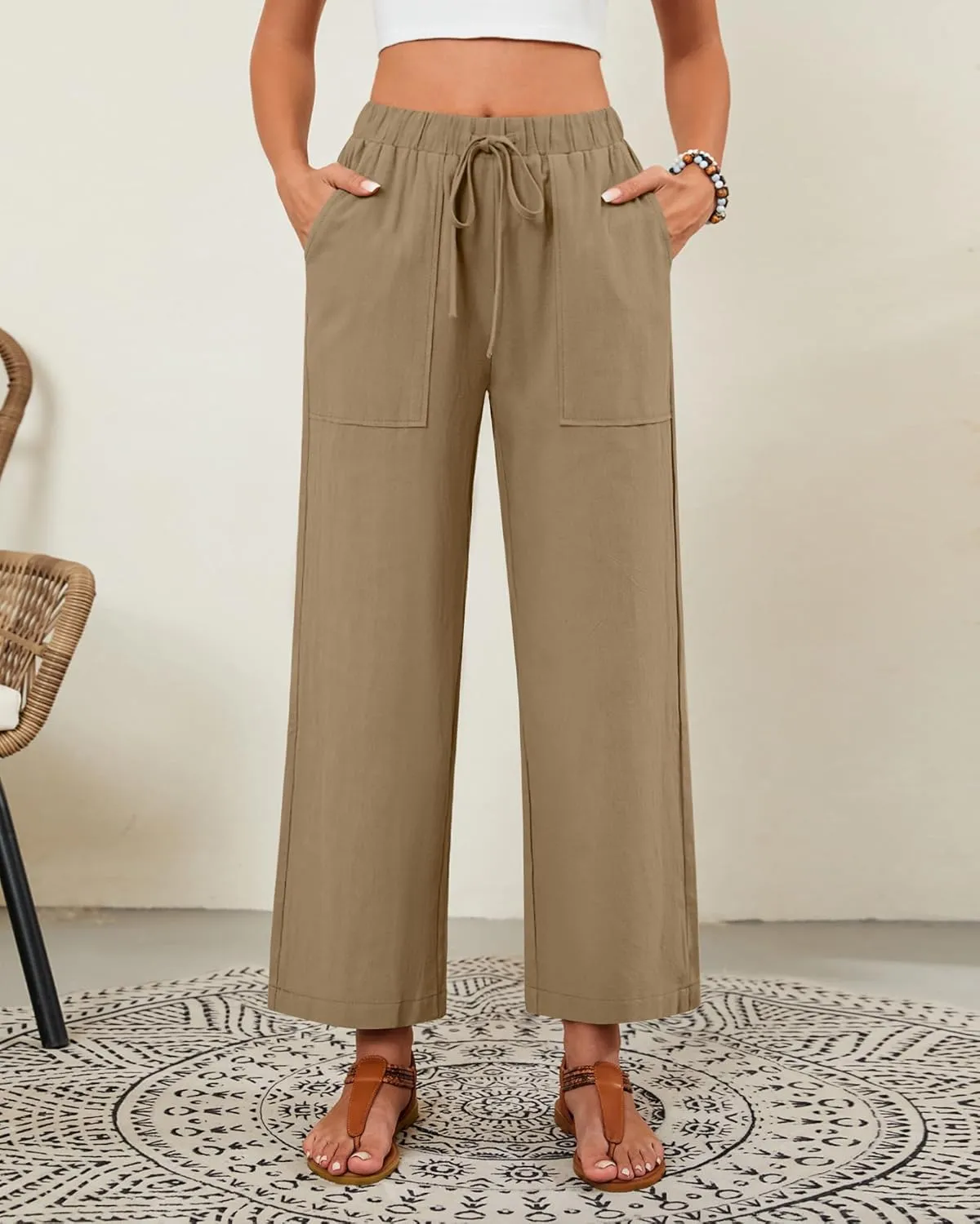 Neer 2 Pack Womens Linen Pants with Pocket, Casual Summer Drawstring Beach Pants High Waisted Wide Leg Loose Palazzo Trouser