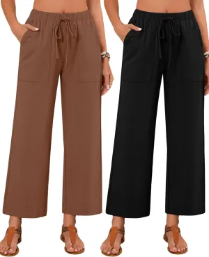 Neer 2 Pack Womens Linen Pants with Pocket, Casual Summer Drawstring Beach Pants High Waisted Wide Leg Loose Palazzo Trouser