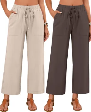 Neer 2 Pack Womens Linen Pants with Pocket, Casual Summer Drawstring Beach Pants High Waisted Wide Leg Loose Palazzo Trouser