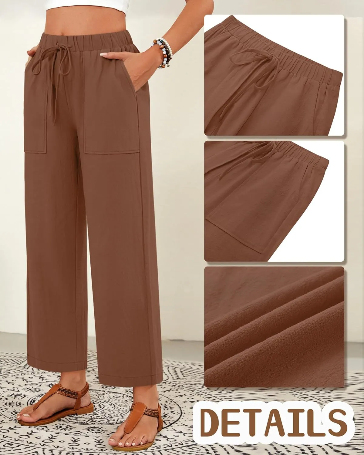 Neer 2 Pack Womens Linen Pants with Pocket, Casual Summer Drawstring Beach Pants High Waisted Wide Leg Loose Palazzo Trouser