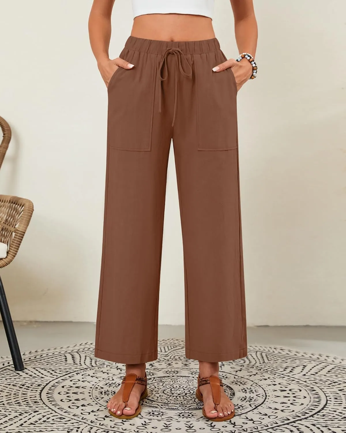 Neer 2 Pack Womens Linen Pants with Pocket, Casual Summer Drawstring Beach Pants High Waisted Wide Leg Loose Palazzo Trouser