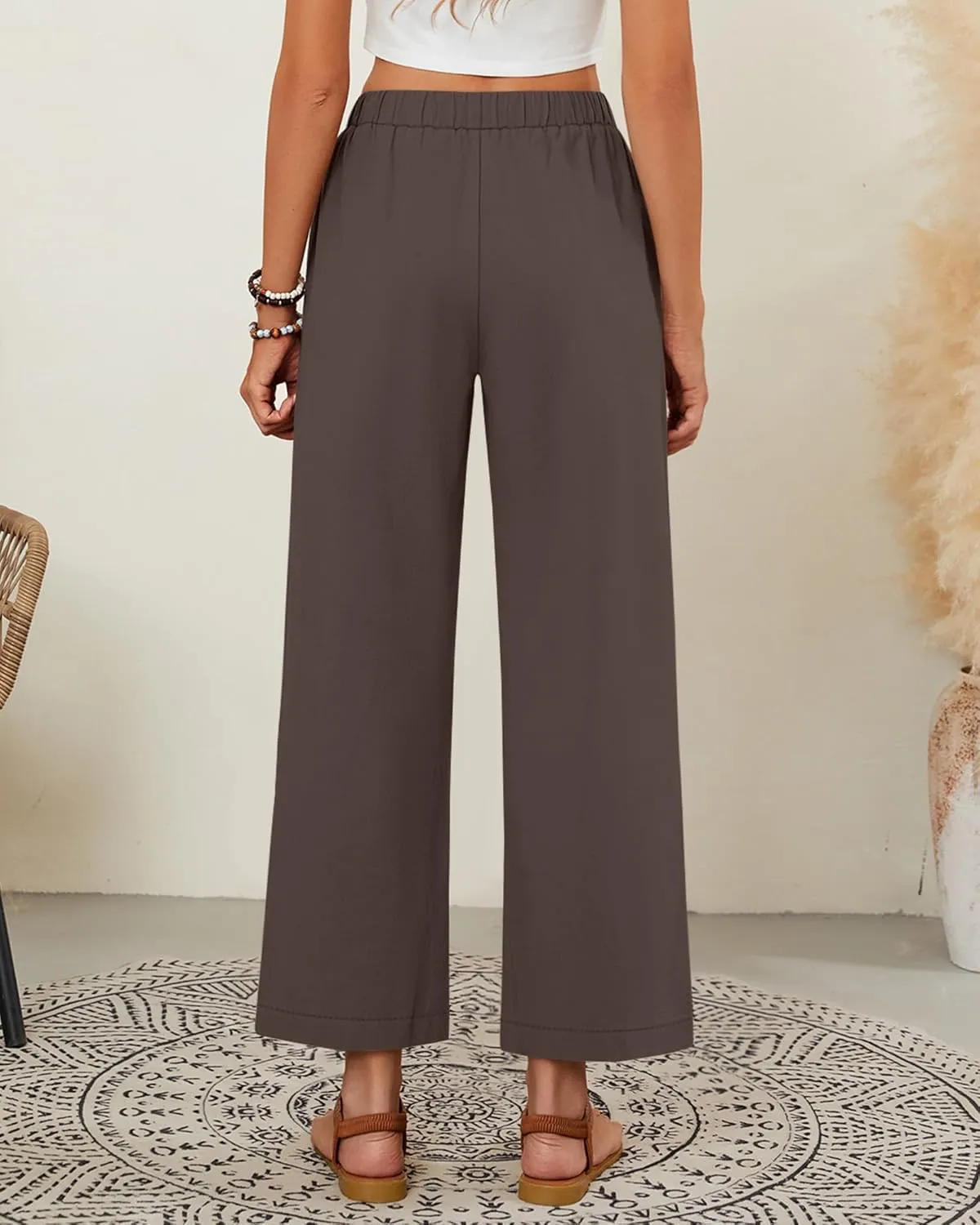 Neer 2 Pack Womens Linen Pants with Pocket, Casual Summer Drawstring Beach Pants High Waisted Wide Leg Loose Palazzo Trouser
