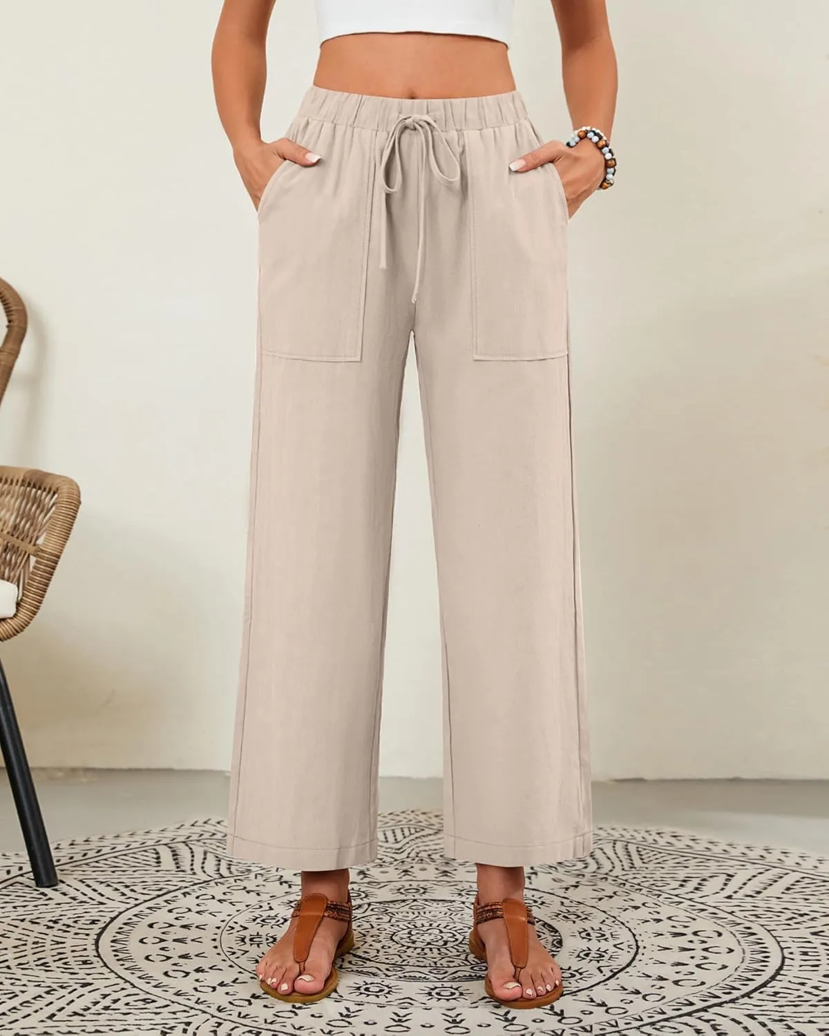 Neer 2 Pack Womens Linen Pants with Pocket, Casual Summer Drawstring Beach Pants High Waisted Wide Leg Loose Palazzo Trouser