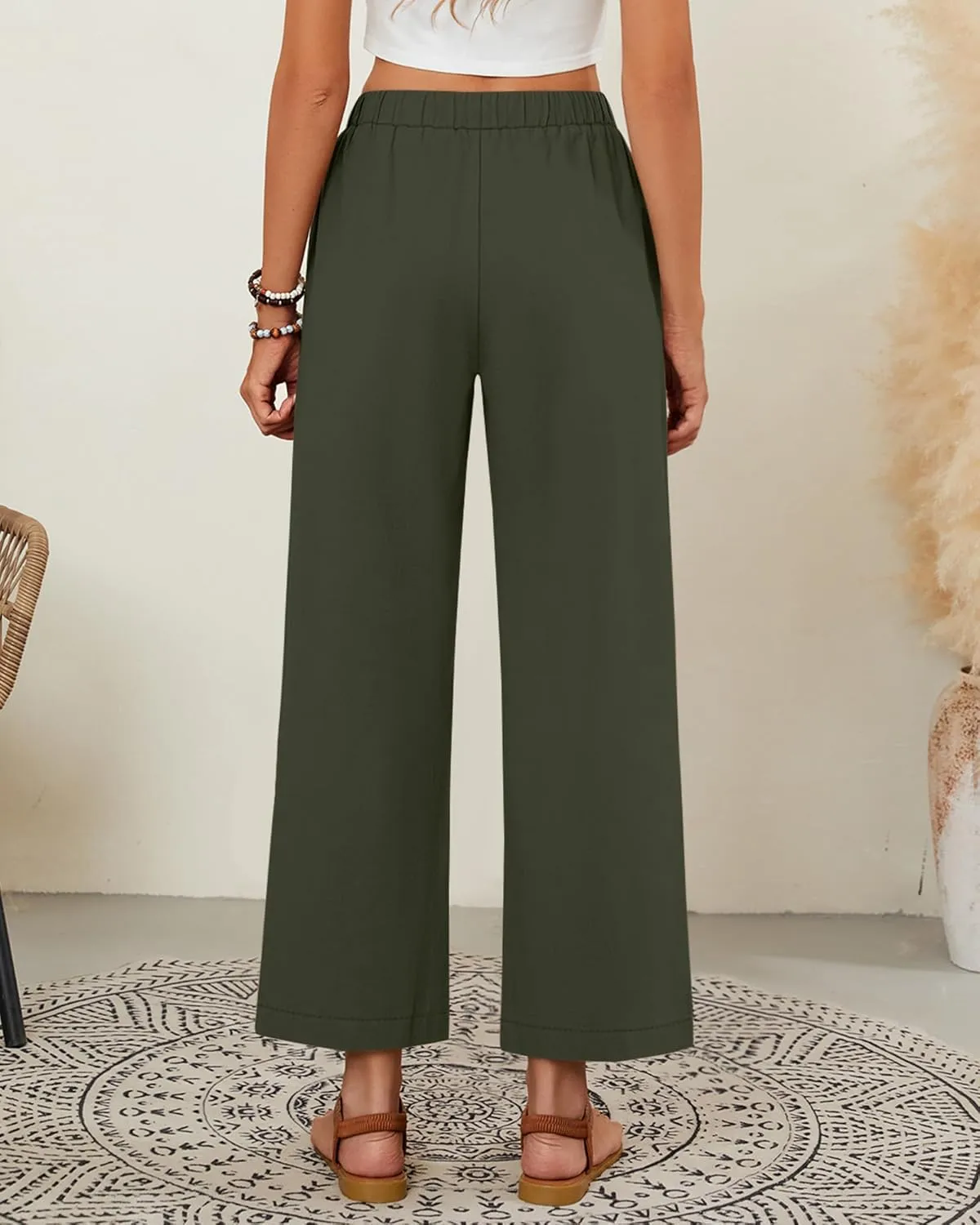 Neer 2 Pack Womens Linen Pants with Pocket, Casual Summer Drawstring Beach Pants High Waisted Wide Leg Loose Palazzo Trouser