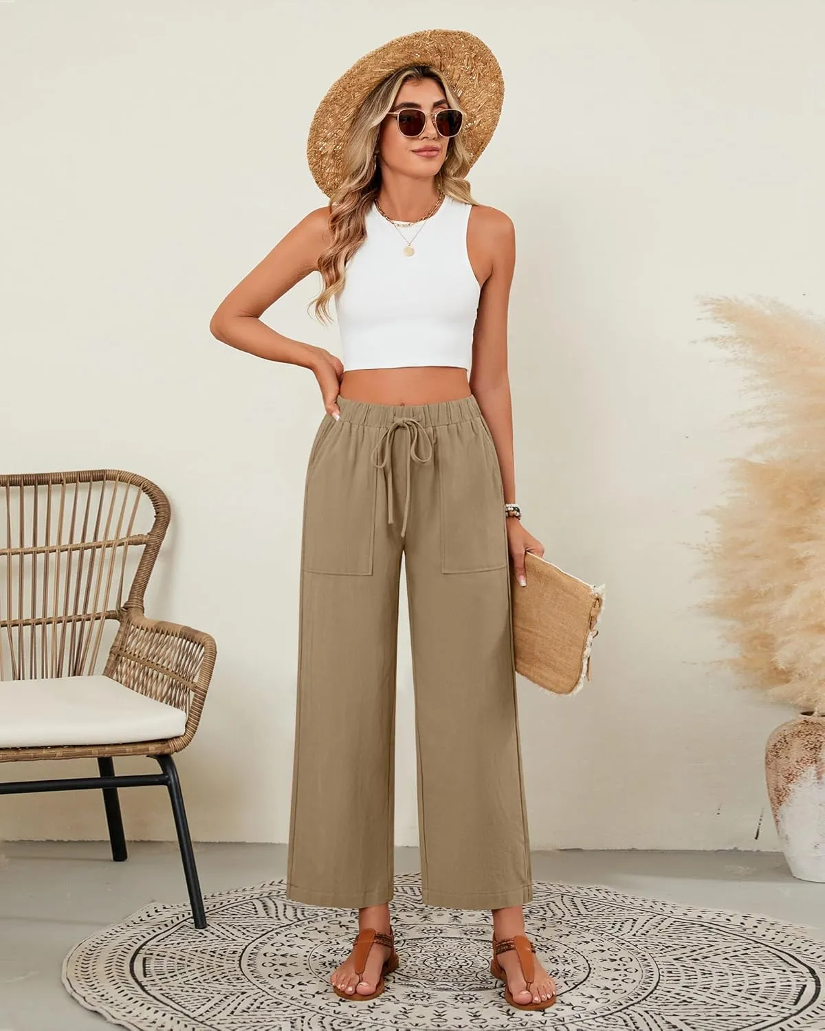 Neer 2 Pack Womens Linen Pants with Pocket, Casual Summer Drawstring Beach Pants High Waisted Wide Leg Loose Palazzo Trouser