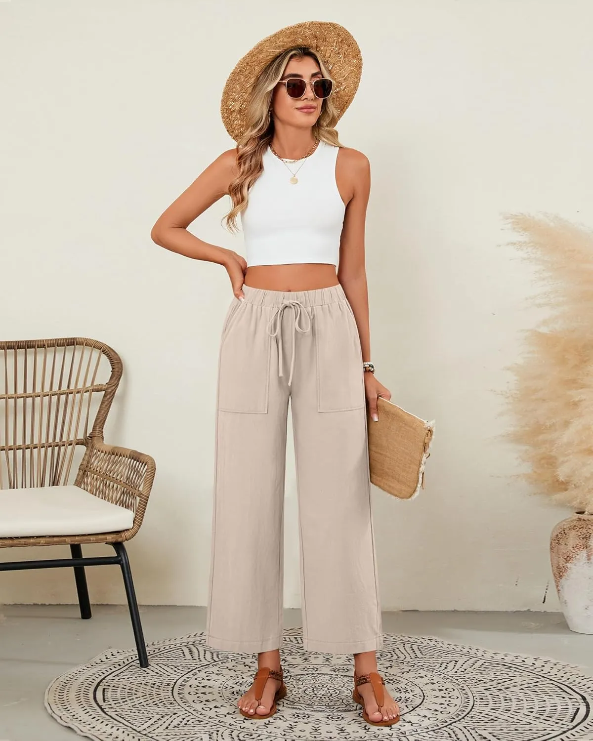 Neer 2 Pack Womens Linen Pants with Pocket, Casual Summer Drawstring Beach Pants High Waisted Wide Leg Loose Palazzo Trouser