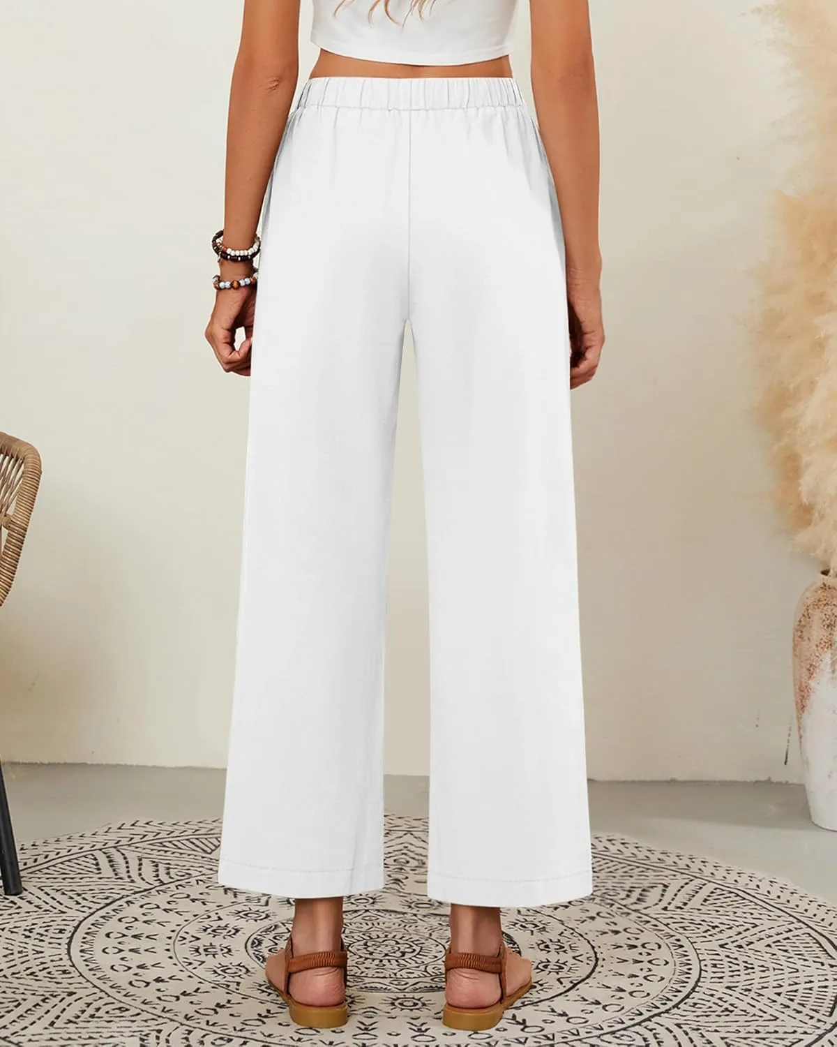 Neer 2 Pack Womens Linen Pants with Pocket, Casual Summer Drawstring Beach Pants High Waisted Wide Leg Loose Palazzo Trouser