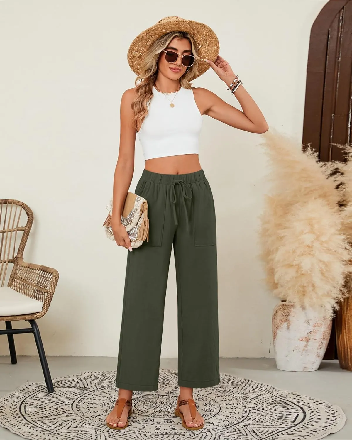 Neer 2 Pack Womens Linen Pants with Pocket, Casual Summer Drawstring Beach Pants High Waisted Wide Leg Loose Palazzo Trouser