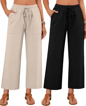 Neer 2 Pack Womens Linen Pants with Pocket, Casual Summer Drawstring Beach Pants High Waisted Wide Leg Loose Palazzo Trouser