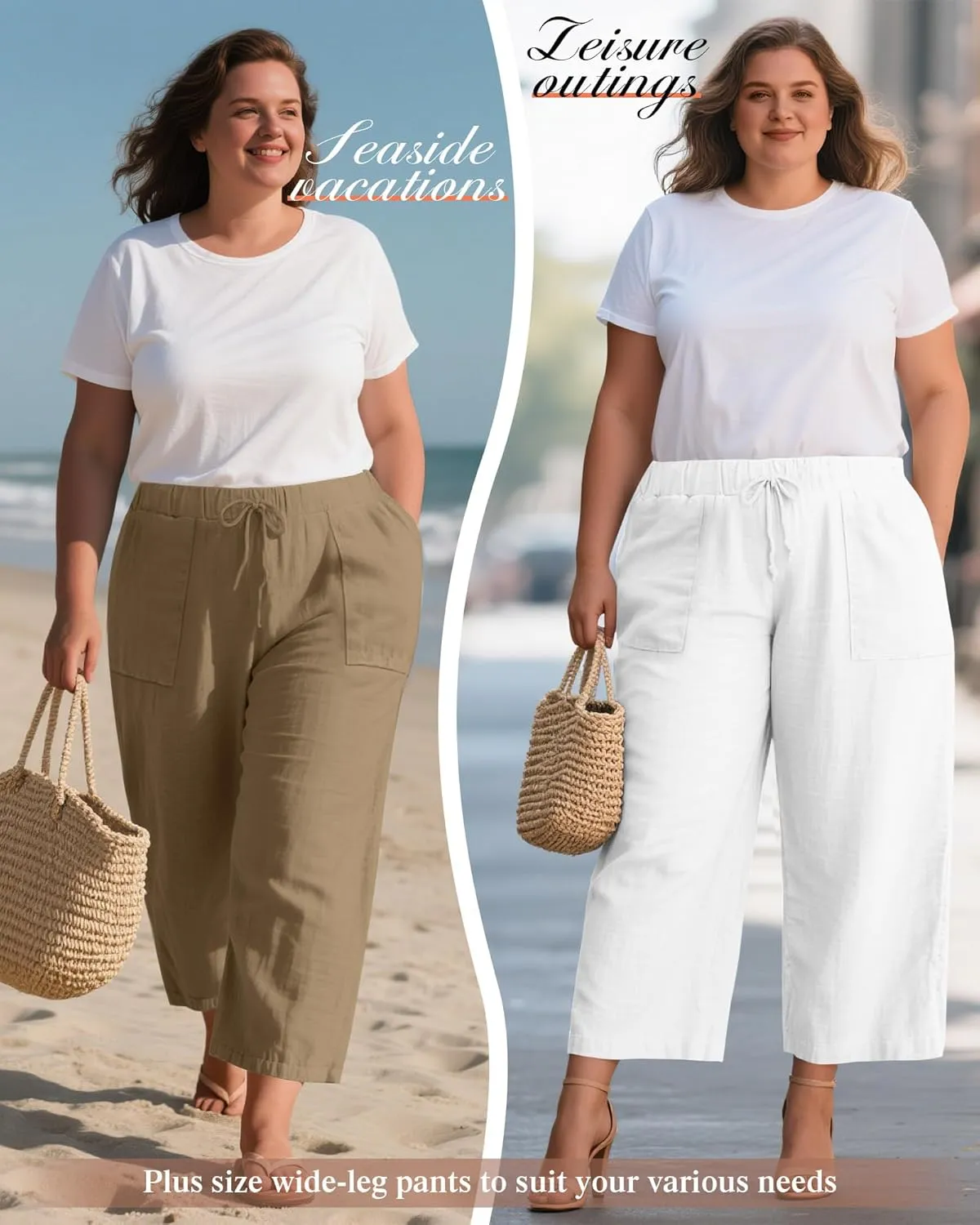 Neer 2 Pack Womens Plus Size Linen Pants, Casual Summer Beach Pants with Pocket Drawstring High Waisted Loose Trouser