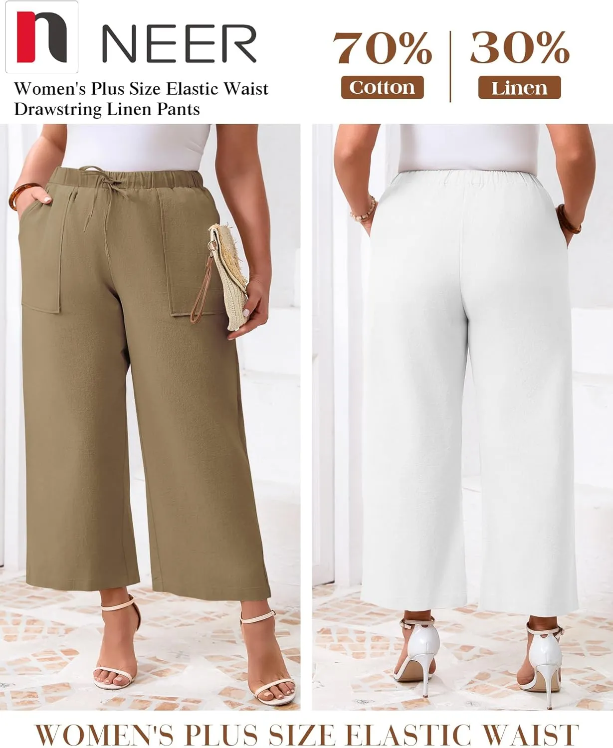 Neer 2 Pack Womens Plus Size Linen Pants, Casual Summer Beach Pants with Pocket Drawstring High Waisted Loose Trouser