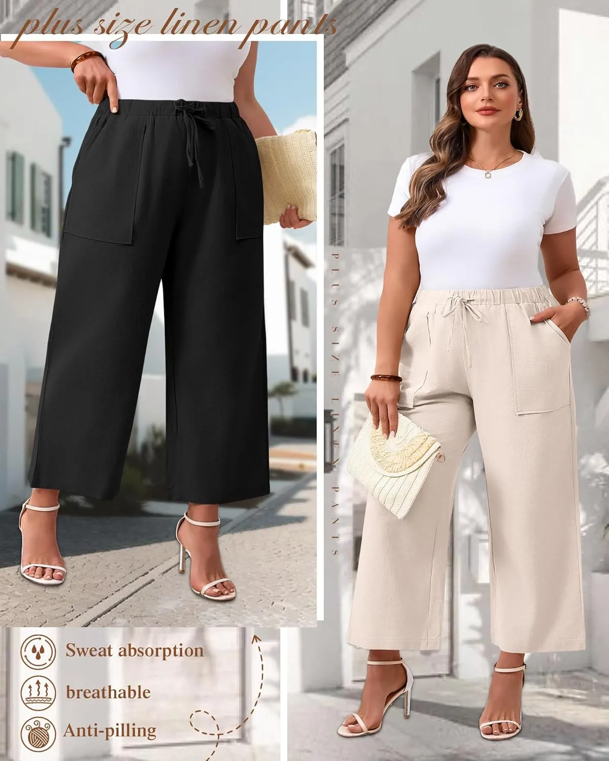 Neer 2 Pack Womens Plus Size Linen Pants, Casual Summer Beach Pants with Pocket Drawstring High Waisted Loose Trouser