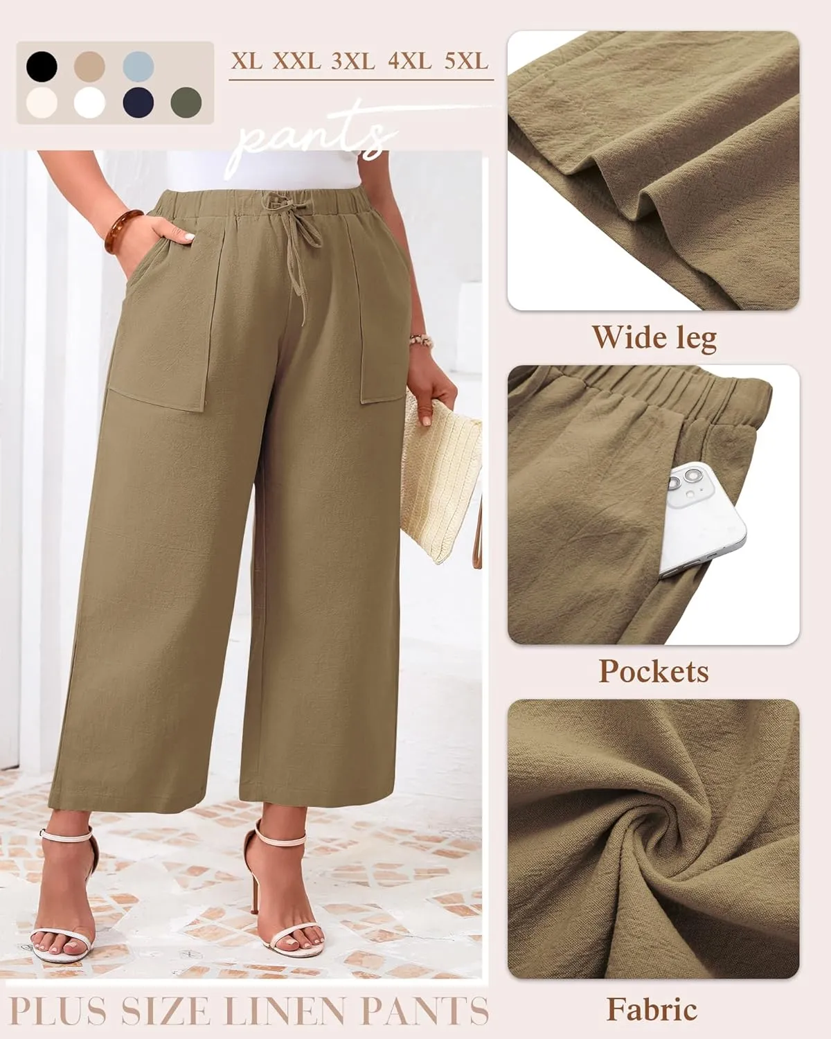 Neer 2 Pack Womens Plus Size Linen Pants, Casual Summer Beach Pants with Pocket Drawstring High Waisted Loose Trouser