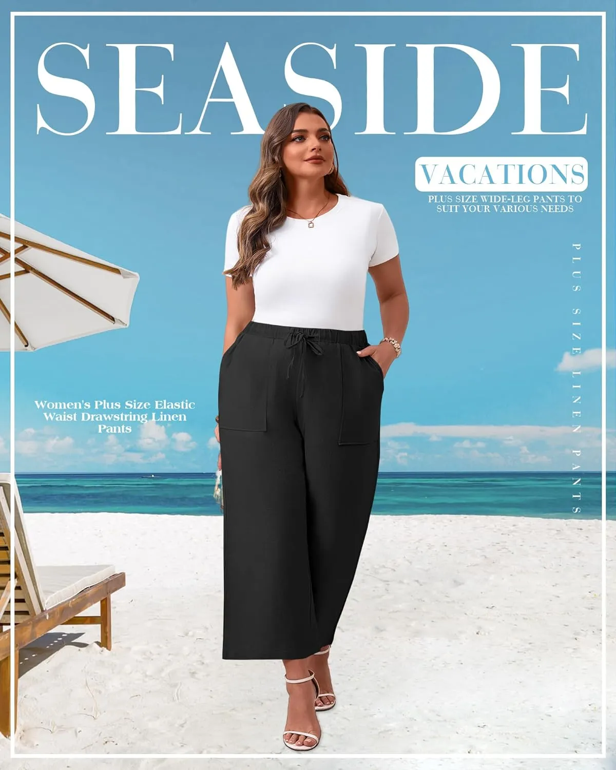 Neer 2 Pack Womens Plus Size Linen Pants, Casual Summer Beach Pants with Pocket Drawstring High Waisted Loose Trouser