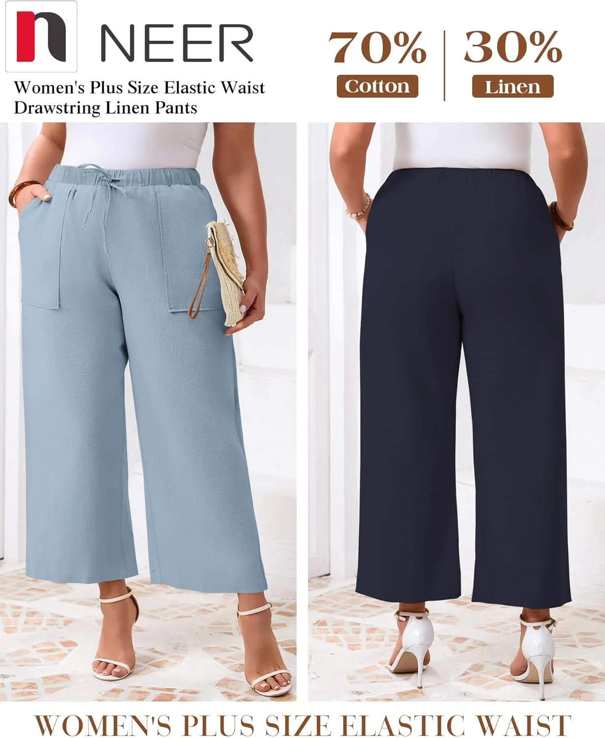 Neer 2 Pack Womens Plus Size Linen Pants, Casual Summer Beach Pants with Pocket Drawstring High Waisted Loose Trouser