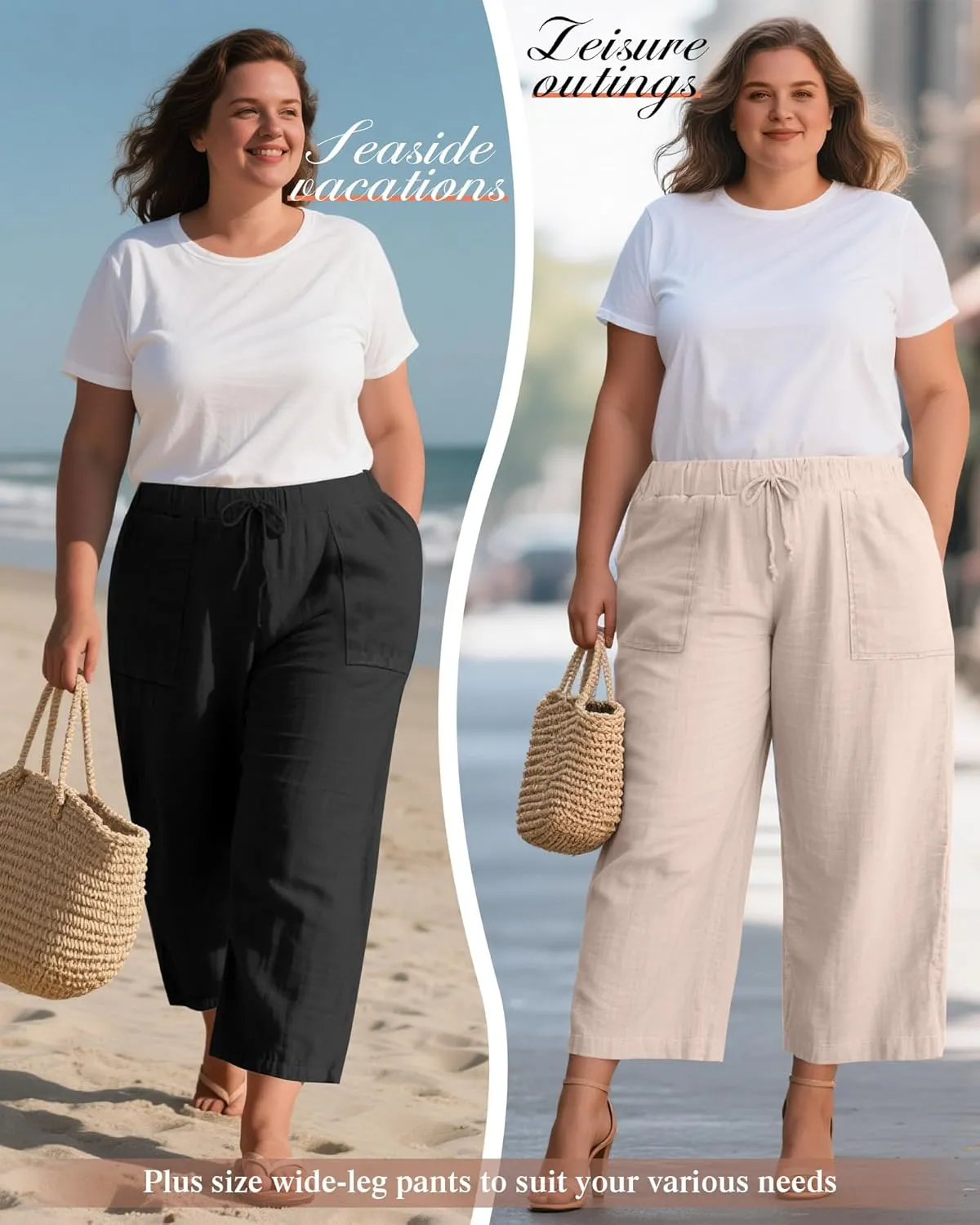 Neer 2 Pack Womens Plus Size Linen Pants, Casual Summer Beach Pants with Pocket Drawstring High Waisted Loose Trouser