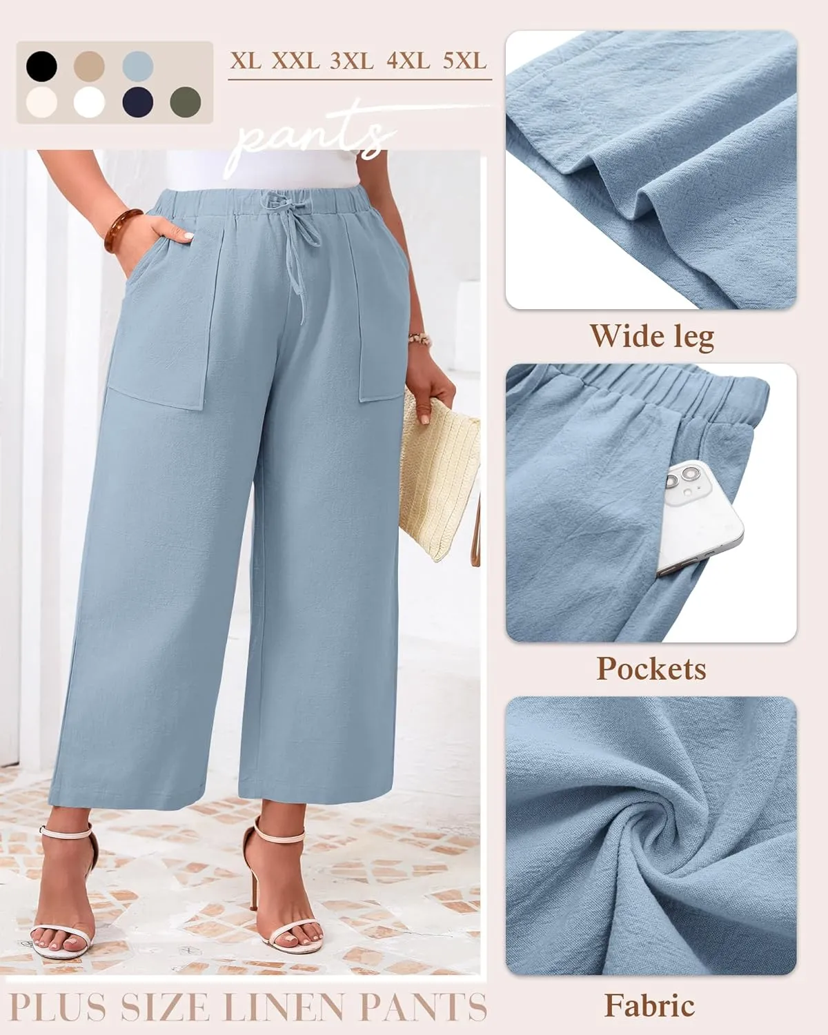 Neer 2 Pack Womens Plus Size Linen Pants, Casual Summer Beach Pants with Pocket Drawstring High Waisted Loose Trouser